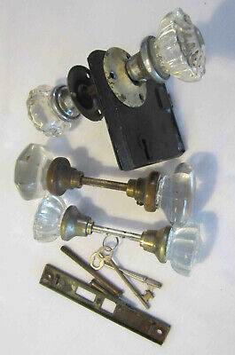 Vintage Iron Door Lockset Hardware Glass Knob Lock Set w/ Key & Knob Sets