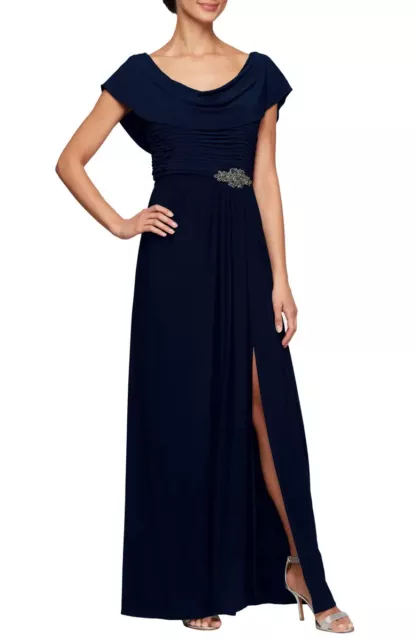 Alex Evenings Navy Blue Cowl Neck Beaded Waist Gown Size 16W $199