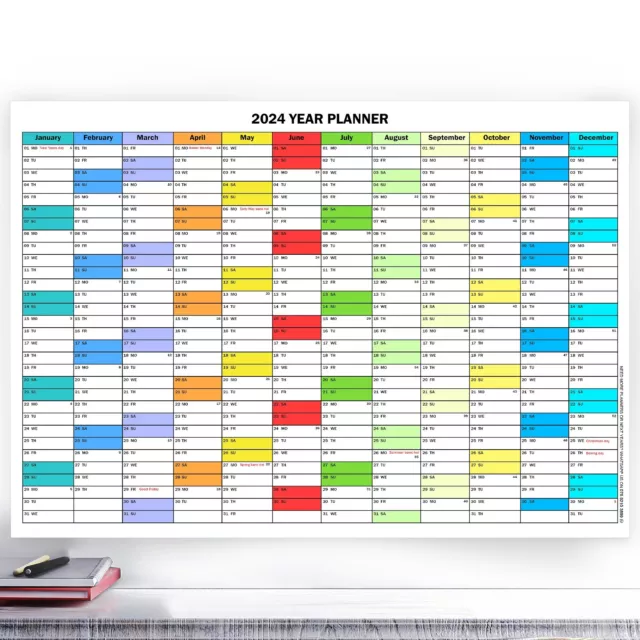 2024 FULL YEAR Calendar Wall Planner Home Office Work Colourful