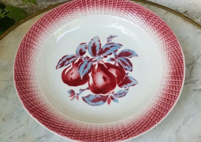 ancien plat rond luneville KG bord barbotine poires rose et bleu