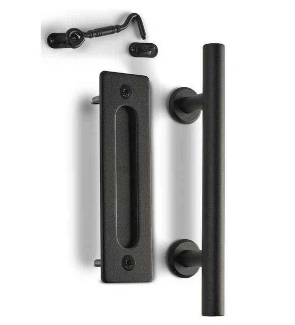 MJC & COMPANY 12" Black Sliding Barn Door Handle Pull-Flush Combo & Privacy Lock