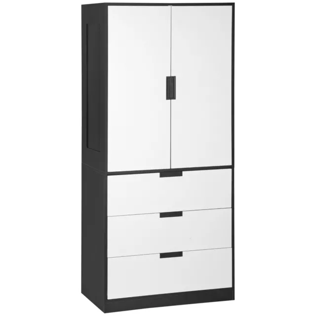 HOMCOM 2 Door Wardrobe White Wardrobe with 3 Drawer and Hanging Rod for Bedroom