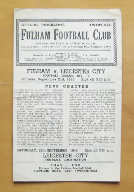 FULHAM v LEICESTER CITY 1946/1947 *Good Condition Football Programme*