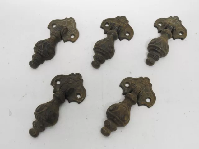 5 Antique Cast Iron Drop Drawer Pulls 3-3/8" Ornate Old Vintage Dresser Handles