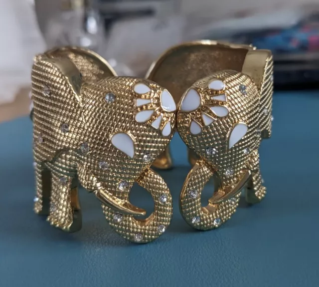 Lilly Pulitzer Elephant Bracelet Large Gold Hinged Rhinestone White Enamel 7"