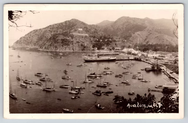 Aerial View Avalon Harbor Catalina Island CA Postcard RPPC Ships Boats Sunbather