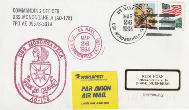 1994 USA paquebot cover sent from USS Monongahela AO-178 board