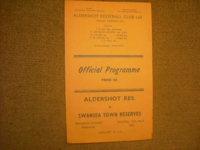 Aldershot  V  Swansea Town  (Fc)  15-4-61  Four Pager