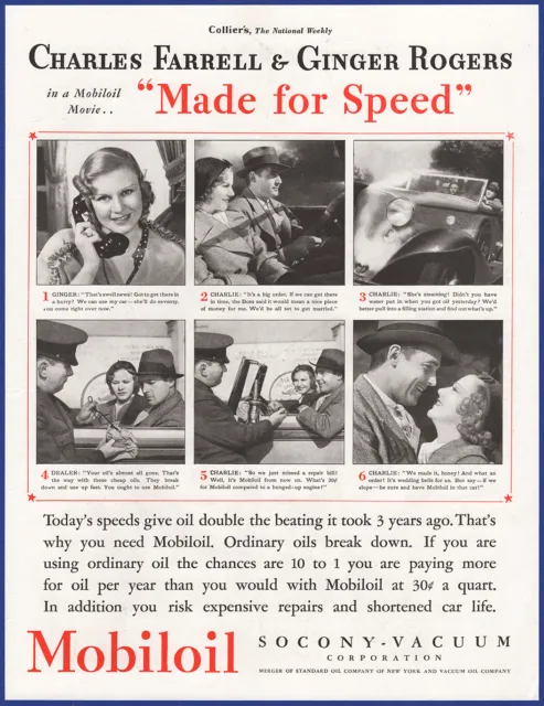 Vintage 1933 MOBILOIL Motor Oil Ginger Rogers Charles Farrell 1930's Print Ad