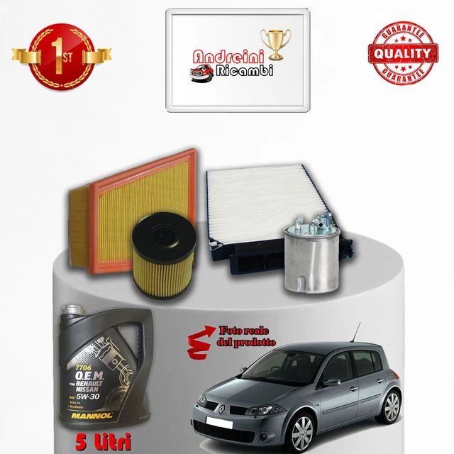 Kit Tagliando 4 Filtri Per Renault Scenic II 1.5 DCi 106 CV Dal 2005 - Filtro Carburante Senza Sensore Acqua, Marche Italiane E Tedesche