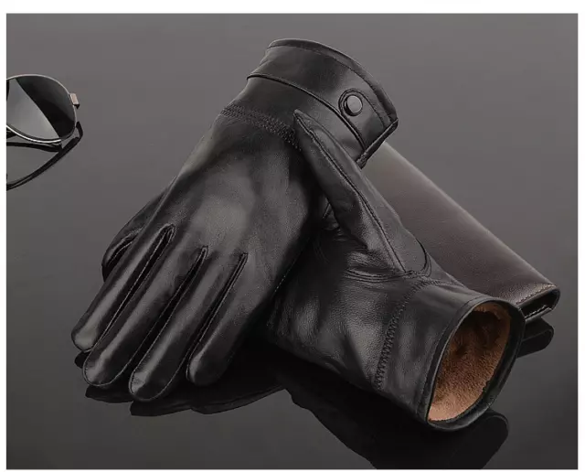 Men Genuine Sheepskin Leather Gloves Fleece Lined Soft Driving Thermal Black