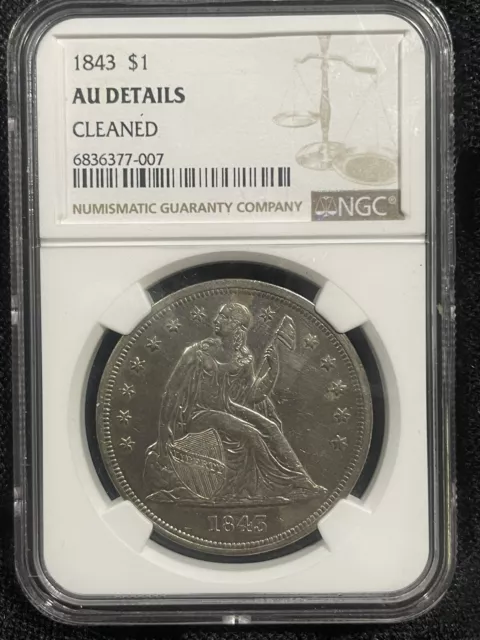 1843 Seated Liberty Silver Dollar $1 Coin  NGC AU Detail Cleaned. HATPUXIQTMN