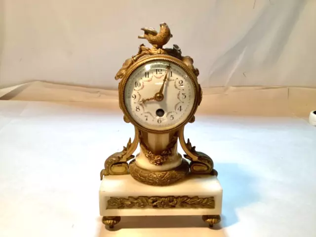 Antique French Marble and Gilded Brass Small Mantle Clock, WORKING! 7 1/2” Tall