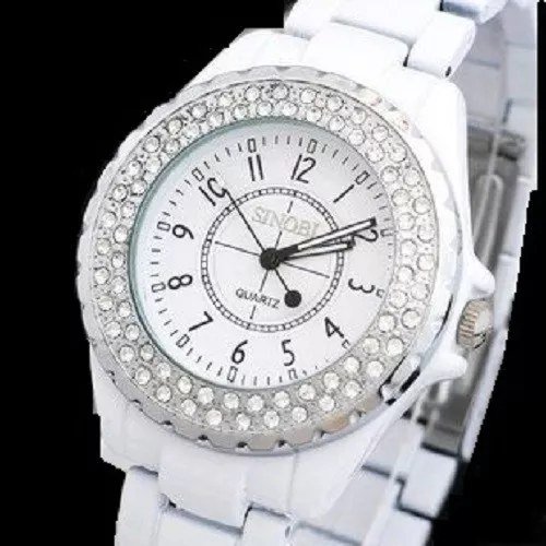 Montre Femme Acier Stainless-Lunette Strass Top Tendance Blanche