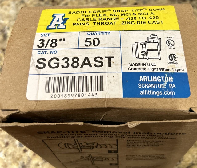 (52)- NEW Arlington SG38AST Snap-tite Saddlegrip Connectors 3/8" Zinc Die Cast