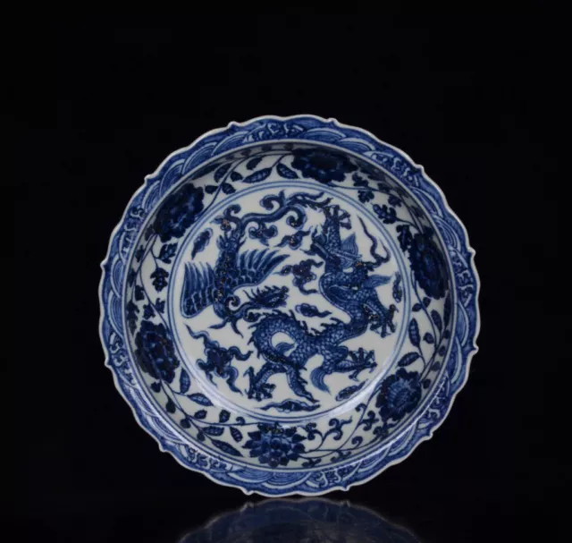 Chinese Blue&white Porcelain Handmade Exquisite Dragon&Phoenix Plate 13869