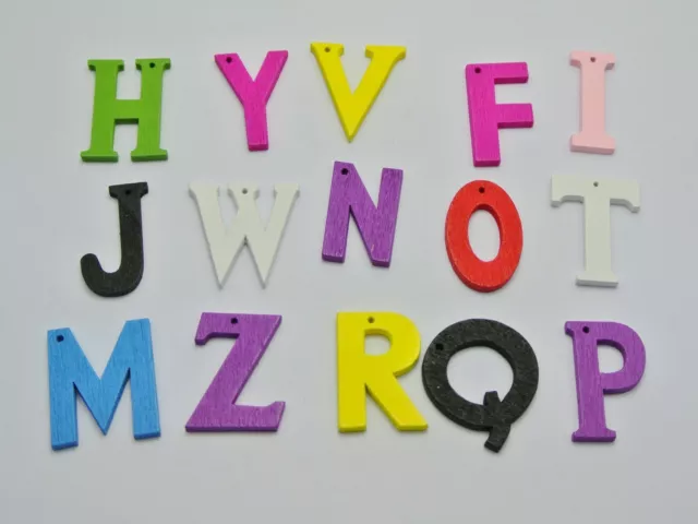 100 Mixed Bright Color Cut Outs Alphabet Letter Wood Beads Charm Pendants 3