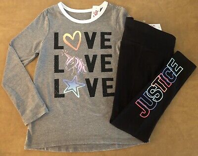 Justice Girl Grey Love Valentines Tee And Black Leggings Outfit 8 12 14 16