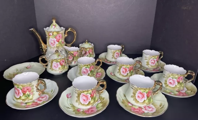 24 Pc LEFTON GREEN HERITAGE PINK ROSE TEAPOT CREAMER SUGAR JAM JAR CUPS  SAUCERS