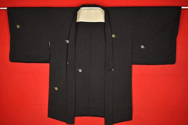 Vintage Japanese Kimono Silk Antique BORO Black HAORI Kusakizome Woven/B261/430