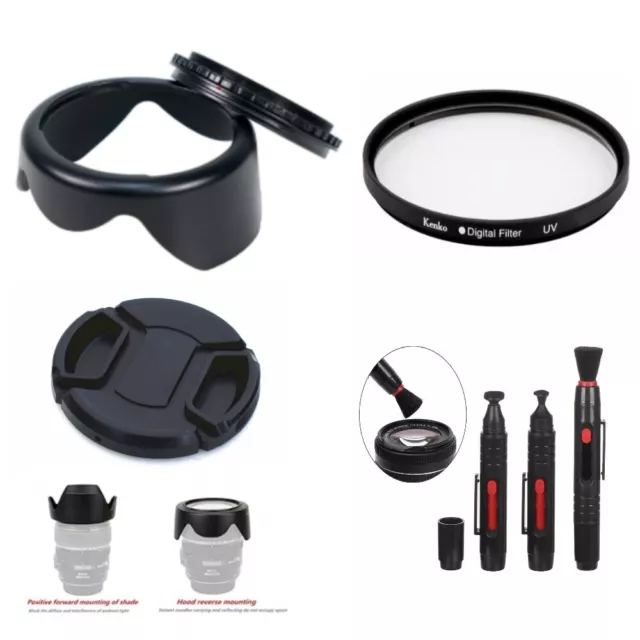 62mm Camera Bundle Reversible Lens Hood Cap UV Filter Brush Set For SLR Lens