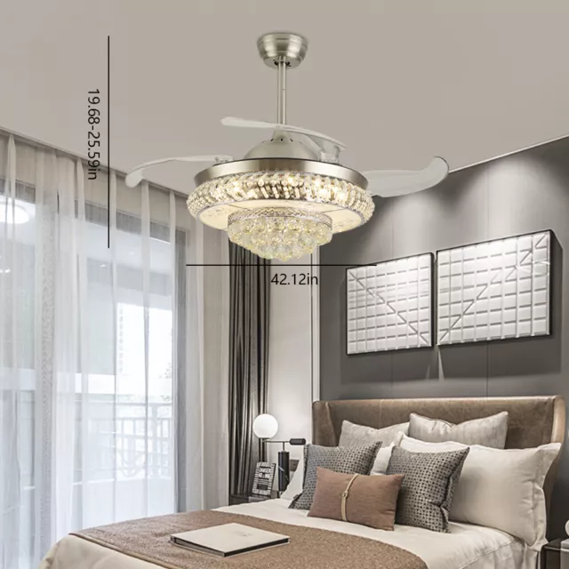 42'' LED Crystal Chandelier Lamp LED Ceiling Fan Light with Invisible Blades