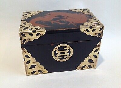 Antique Vintage Japanese Black Lacquered / brass decorated, playing card Box