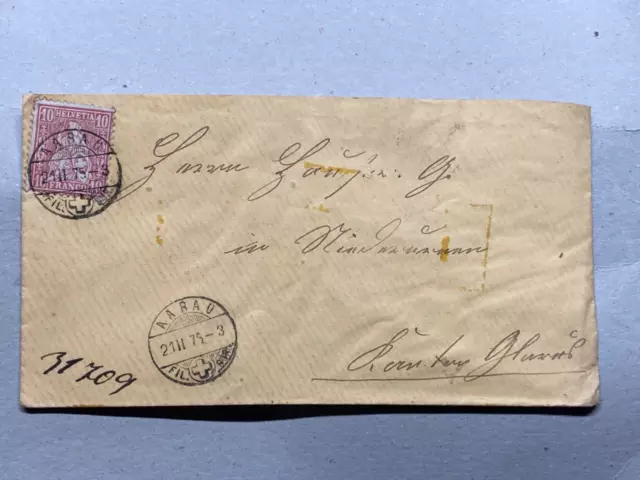Strubel 10 ct Briefumschlag nach Aarau von 1875, echt