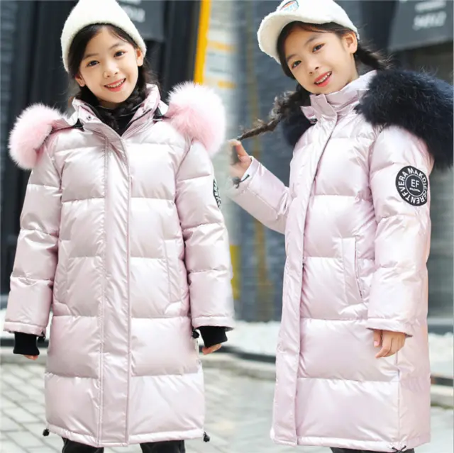 Girls Boys Kids Puffer Cotton Jacket Fur Hooded Winter Parka Long Coat Outerwear