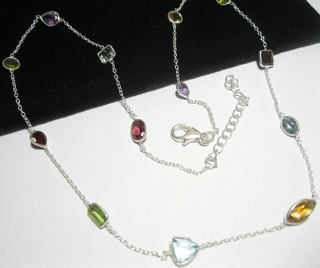 Sterling Silver Rainbow Gem Stone Bezel Chain Necklace Multi Colour 19" Long 3