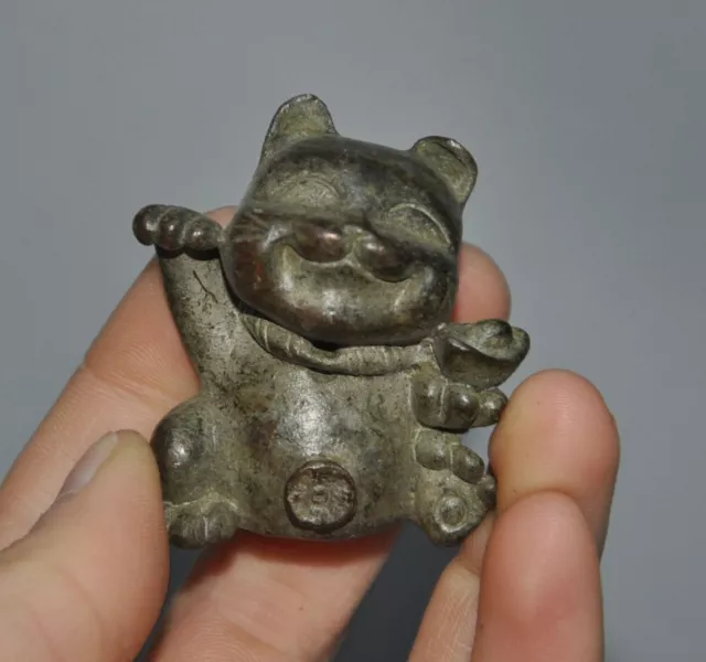 1.6" old Chinese dynasty bronze fengshui wealth ingot cat Lucky Cat statue