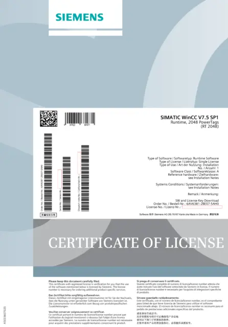 Siemens 6AV6381-2BE07-5AH0 license WinCC system software V7.5 SP2, RT 2048 tags