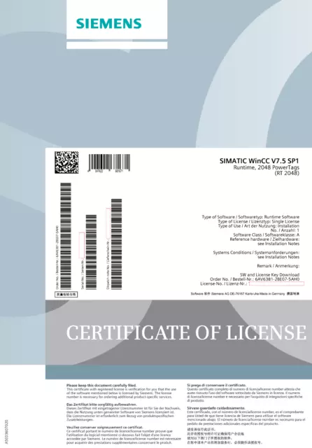 Siemens 6AV6381-2BE07-5AH0 license WinCC system software V7.5 SP2, RT 2048 tags