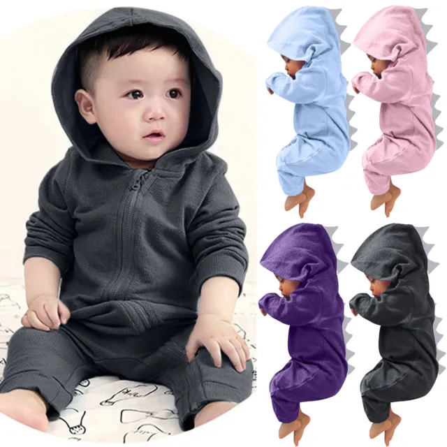 Infant Toddler Kids Girls Boys Dinosaur Hooded Solid Romper Zip Clothes Jumpsuit