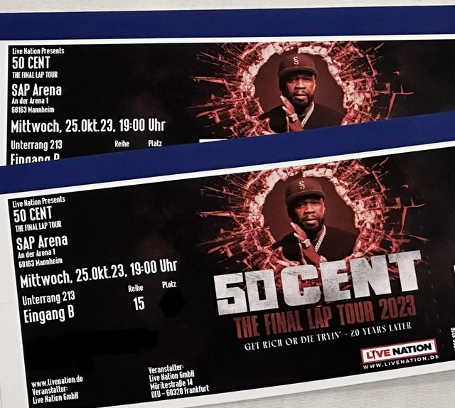 2x 50 CENT Mannheim TRAUMKARTEN SITZPLATZ SAP Arena 25.10.23 Karten Tickets