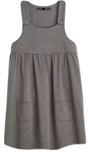 Girls Grey School Pinafore Dress Peacocks Pocket Strap Jersey Ponte Uniform NEW 2