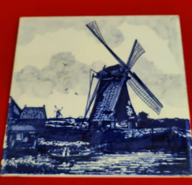 Céramique d'Hemixem Tile "H" Made in Belgium Blue Delft Style Windmill 6" w tray