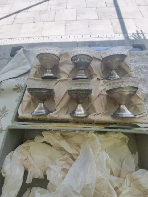 VTG Estate 925 Sterling Silver Sherbet Dessert Cups w/ Etched Glass - boxed