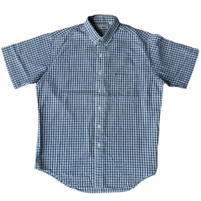 Vintage LL BEAN Shirt Size Large Short Sleeve Blue Check 100% Cotton Mens