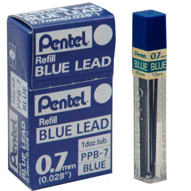 Box Of 12 Tubes, Pentel PPB-7 Blue 0.7mm Refill Lead For Mechanical Pencils