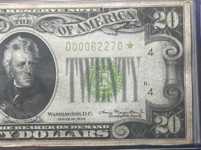1934 Star $20 Federal Reserve Bank Lime Green Seal A. Uncirculated Cleveland
