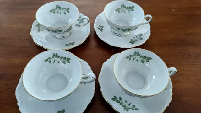 Set of 4 Vintage Mitterteich "Green Leaves" Teacup and Saucer Germany Excellent 2