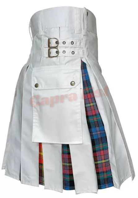 Scottish Highland Dress Men's White Hybrid Utility Kilt with Pride Tartan