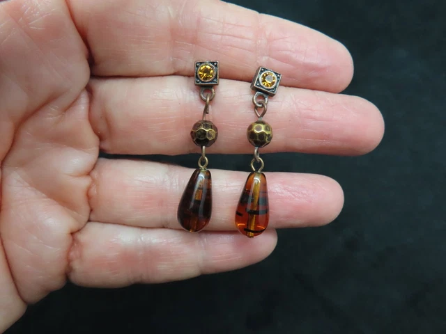 Vintage Contemporary Faux Tortoise Glass Dangle Pierced Earrings