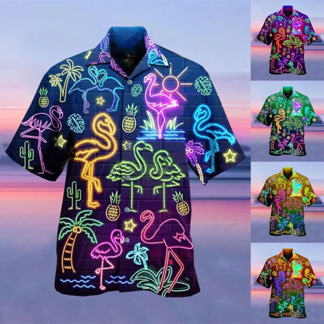Mens Hawaiian Palm Tree Print T Shirt Short Sleeve Button Down Summer Tops Tee