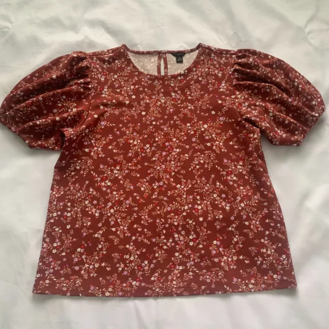 Ann Taylor Terra Cotta Floral Garden Crew Puff Sleeve Neck Top Sz Medium Petite