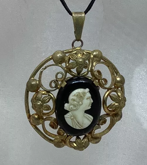 Art Deco Vintage Decorative Brass Filagree & Early Plastic Cameo Pendant Large