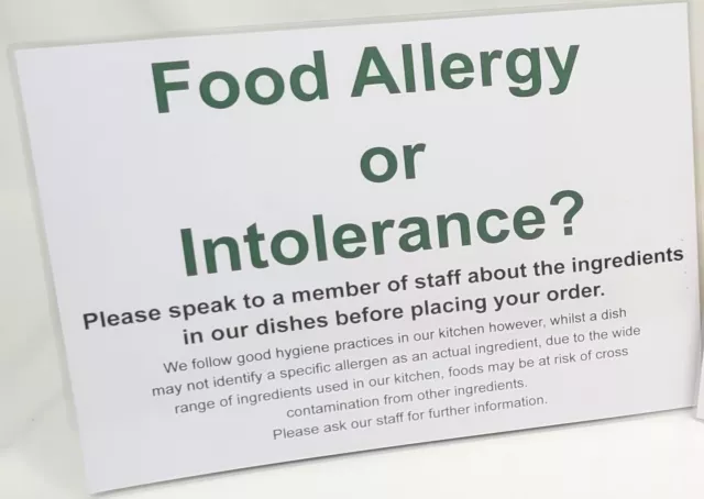 Food Allergy or  Intolerance? Sign A4 Laminated Customers Warning Allergies