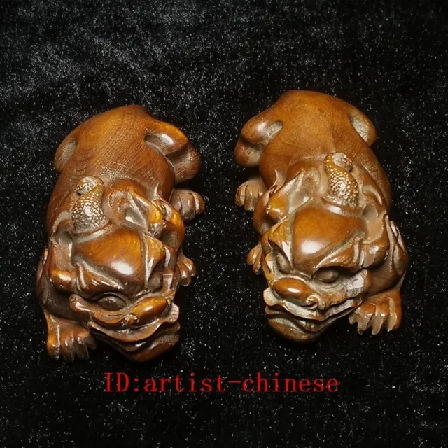 a Pair Old Chinese Boxwood Hand carved Wealth Animal Pi Xiu Statue Gift 3.4 inch