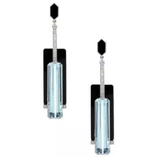 Genuine Art Deco Design With Aquamarine, Black Onyx & Clear CZ Vintage Earrings